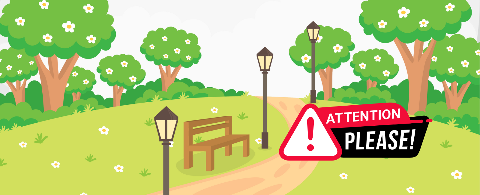 Computer generated image of trees, bench, pathway and lights.